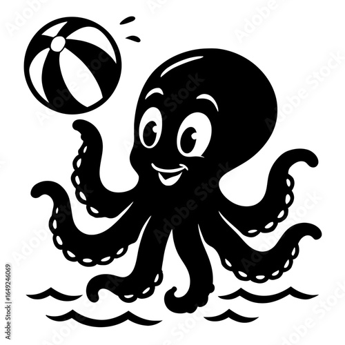 Happy Octopus Playing with a Beach Ball in the Water - Fun Cartoon Character