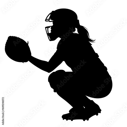 Softball Catcher with Helmet and Glove - Sport and Game Silhouette