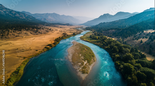 An epic aerial shot of two distinct rivers merging into one, symbolizing synergy and combined strength.