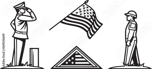 Two soldiers saluting american flag and folded flag emblem military army