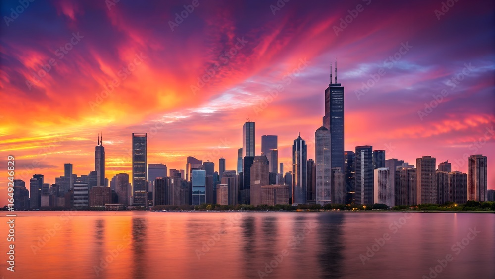 Fototapeta premium Vibrant sunset over a modern city skyline reflected in water