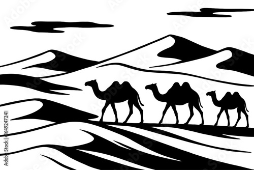 Serene Desert Landscape with Camel Caravan Trekking Over Dunes