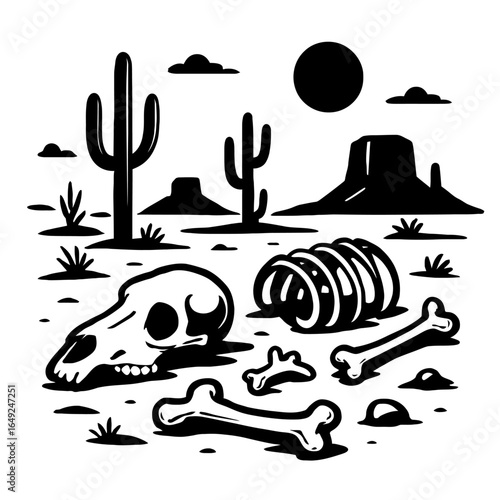 Arid Desert Landscape with Animal Skull, Bones, and Cacti