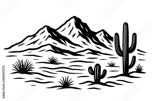 Vast Desert Landscape with Majestic Mountains and Saguaro Cacti