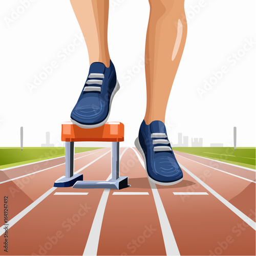 Illustration Vector SVG of Runner Legs on Starting Block with Athletic Shoes in Blue and Orange Flat Design