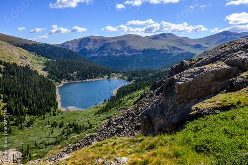 Picturesque alpine Naylor Lake nestled in the Colorado Rocky Mountains. Forests dot lower slopes, contrasting rocky terrain. 
