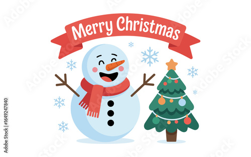 Cheerful snowman and decorated christmas tree festive holiday
