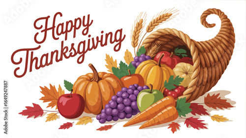 Happy Thanksgiving harvest bounty cornucopia pumpkins