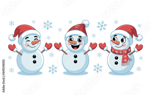 Three cheerful snowmen wearing red hats and mittens winter christmas