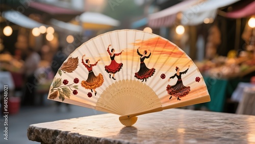 Decorative fan with flamenco dancers design placed on a table in a market setting