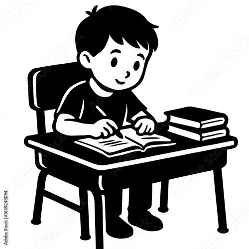 Happy Young Boy Diligently Studying at Desk with Books and Pen