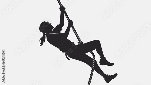 Silhouette of a woman climbing a rope with determination and focus on a white background scene