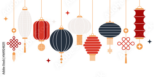 Set of Chinese lanterns. Banner template for Chinese New Year or Mid Autumn Festival. Minimalistic geometric flat design. Vector illustration