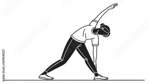 Illustration of a woman in a yoga pose with one arm raised and legs spread apart on a white background