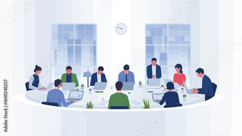 Illustration of ten people in a bright office seated around oval table with laptops, plants, and water bottles, depicting teamwork and productivity
