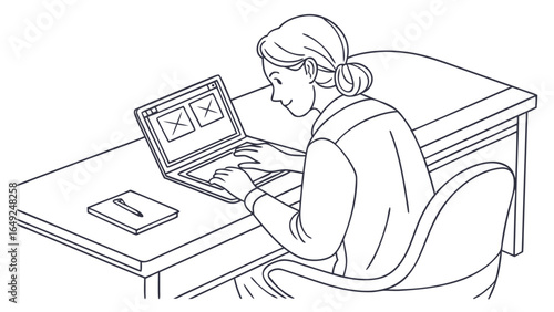 Woman with bun working on laptop at desk with notebook and pen in a line art illustration style