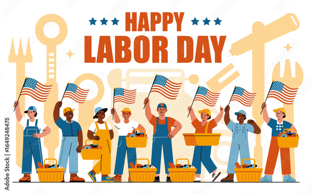 Obraz premium Diverse workers celebrate labor day with american flags celebration
