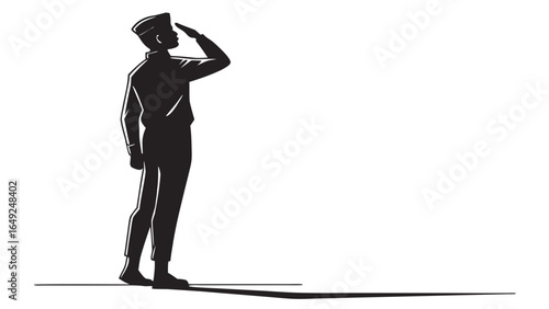 Silhouette of a soldier in uniform saluting against a white background in a simple vector graphic