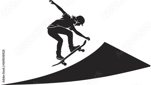 Silhouette of a skateboarder performing a trick on a ramp in a black and white illustration