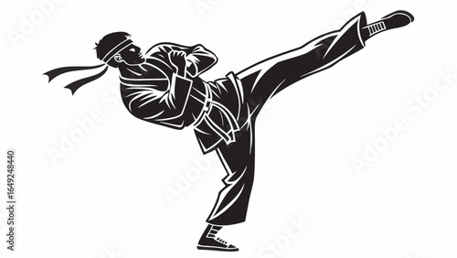 Silhouette of a martial artist performing a high kick with a headband and uniform in black and white