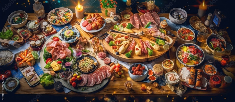 Fototapeta premium a grand feast, a bountiful table laden with an array of delectable dishes, a vibrant tapestry of flavors, intricate culinary creations, a sumptuous spread, a visually stunning tableau, a festive celeb