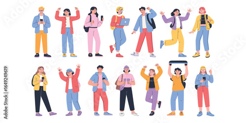Illustration of fourteen diverse young characters in casual outfits, engaging in activities like reading, celebrating, and using smartphones