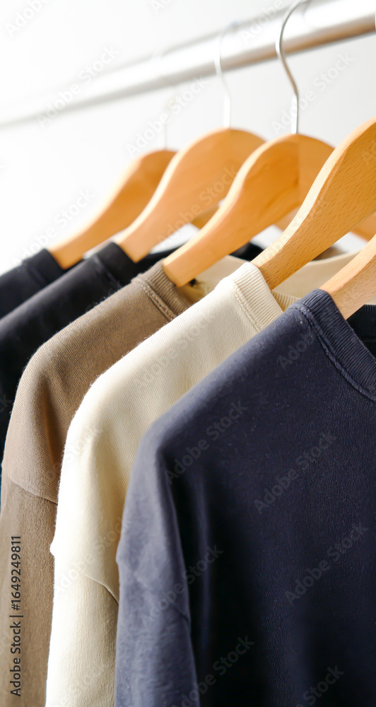 Obraz premium A set of on wooden hangers, featuring three different colors - black, beige, and navy blue - arranged neatly against each other in the center of an empty white background