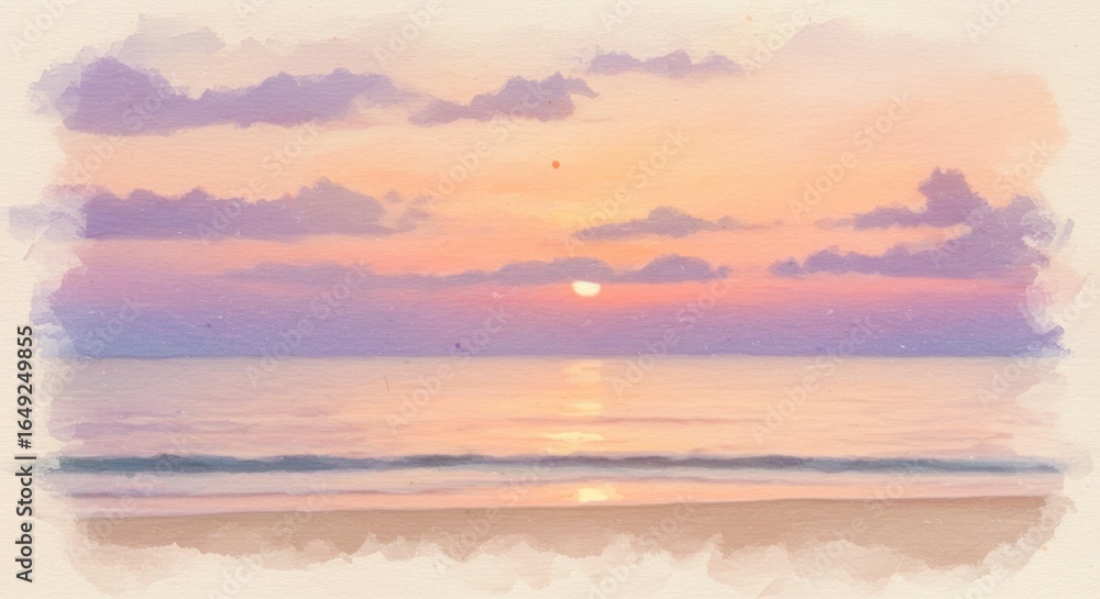 Fototapeta premium Pastel sunset over a serene ocean landscape watercolor painting