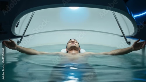 Man entering and relaxing in a floatation tank for sensory deprivation. Spa and wellness experience footage.