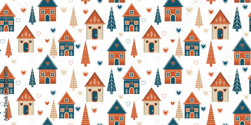 Seamless Scandinavian style pattern with houses and stylized Christmas trees decorated with geometric elements in red, blue and beige colors, festive winter vector background