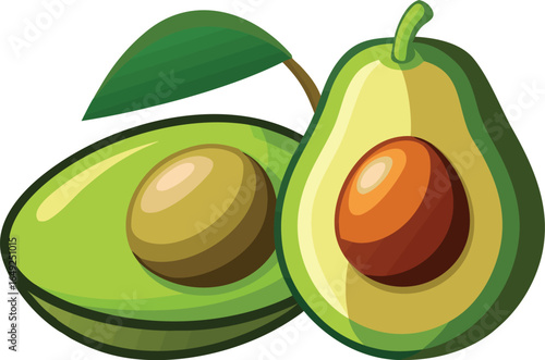 Ripe avocados with a leaf, one cut open to reveal its creamy flesh and seed.