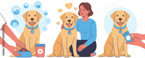 Yellow Labrador Retriever shown in scenes of feeding, affection, and photography with owner, emphasizing pet care and emotional connection