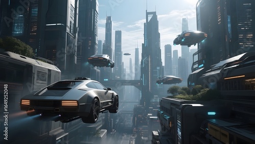 Futuristic Cityscape with Hovering Vehicles and Skyscrapers