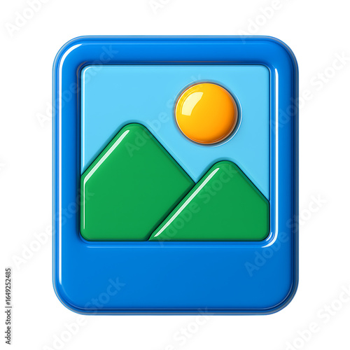 3D Blue Image Gallery Icon with Landscape Isolated on Transparent Background