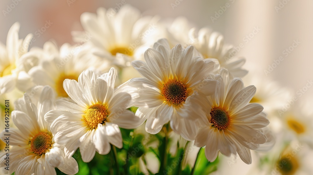 Fototapeta premium A bouquet of white daisies, yellow in the center, arranges in front of a bright window, catching the sunlight, and the soft, blurred undertones create a fresh and serene atmosphere.