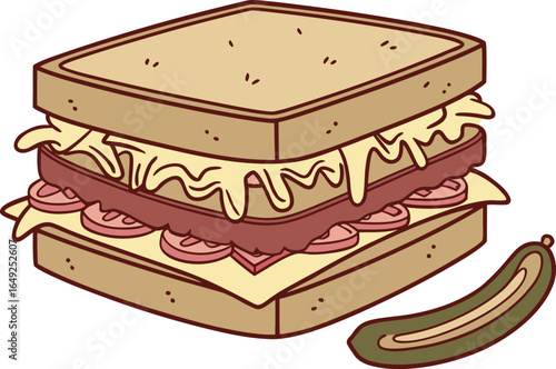 vector Illustration of an overstuffed sandwich with a pickle on the side