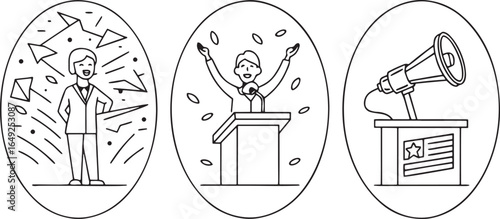 Three oval icons showing a person speaking at a podium and a megaphone political election
