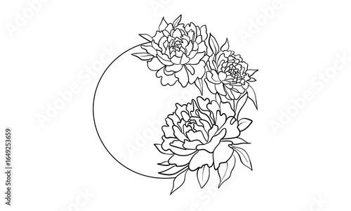 Peony wreath, continious line drawing. Spring circle, floral border outline. Vector illudstration
