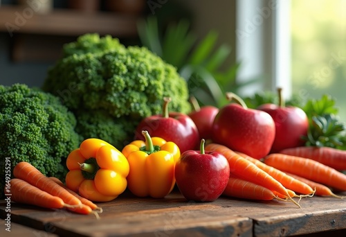 vibrant colorful fruit vegetable arrangement still life healthy fresh organic display table decor, produce, peppers, carrots, tomatoes, grapes, melon, kiwi