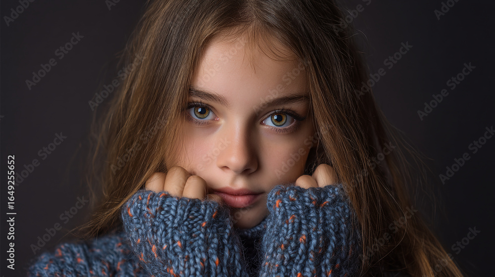 Portrait of a young girl with long brown hair wearing a blue knitted sweater indoors Portrait of a young girl with long brown hair wearing a blue knitted sweater indoors