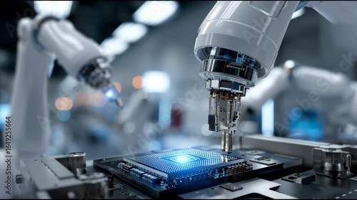 A robot is working on a computer chip. The robot is blue and white