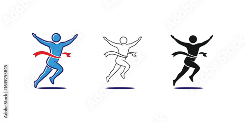 Celebrating Victory A Trio of Runners Crossing the Finish Line in Varied Styles and Colors Demonstrating Triumph