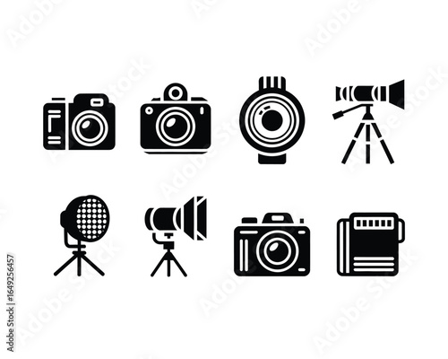 Camera and photography studio equipment glyph icons set, simple black silhouette symbols for photographer's toolkit illustration c.eps