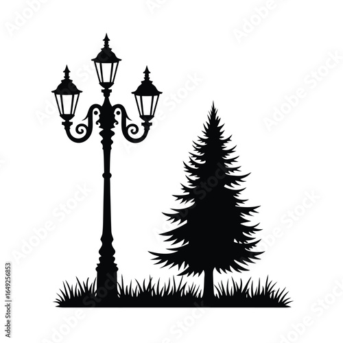 Black silhouette of ornate triple lamp post and pine tree
