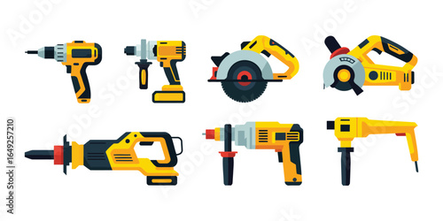 Set of professional construction power tools vector illustration. Yellow electric equipment for building and repair work.eps