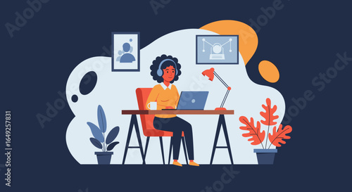 Young woman with headphones works remotely on a laptop at a desk in a modern home office, surrounded by plants and technology.