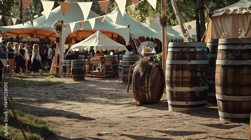 Rustic outdoor fair scene with large white tents, colorful bunting, and vintage wooden barrels in sunlight