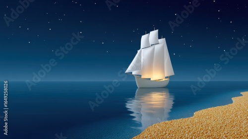 Majestic illuminated sailing ship on a starry night ocean