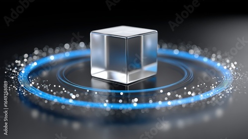 Futuristic Glass Cube Surrounded by Digital Rings on Dark Background