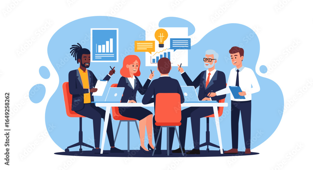 A diverse group of business professionals collaborate around a conference table, brainstorming ideas and analyzing data, fostering teamwork and innovation in a modern office setting. A diverse group of business professionals collaborate around a conference table, brainstorming ideas and analyzing data, fostering teamwork and innovation in a modern office setting.